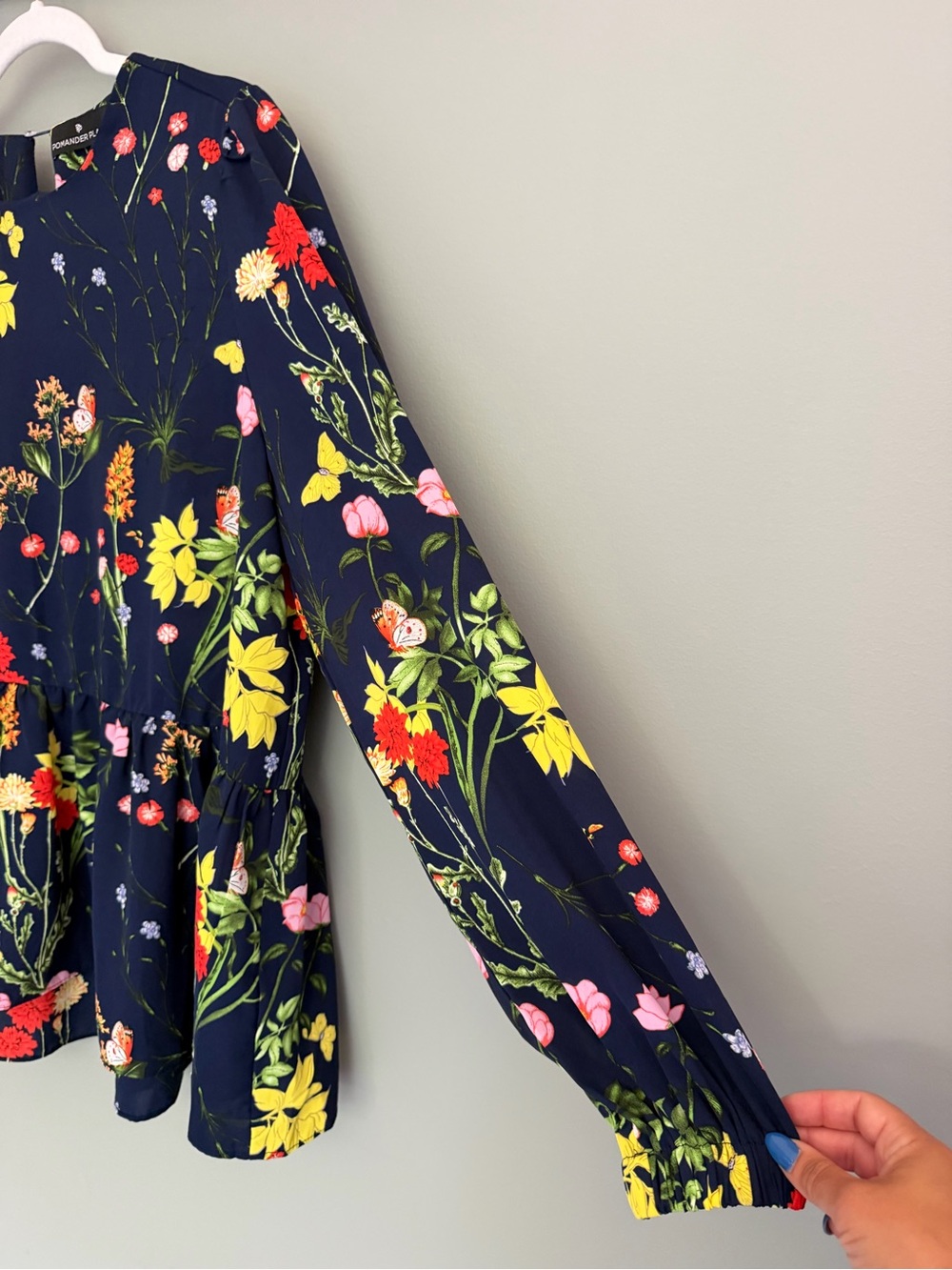 Pomander Place "Carlota" Navy Blue Wildflowers Long Sleeve Peplum Blouse - Picture 6 of 14